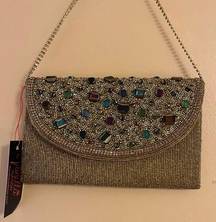 Vanilla Hudson hand beaded bejeweled clutch with chain NWT