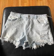 Super High Rise Riveted Ripped Raw Rip Classic Light Wash Texas Jeans Shorts Light distressed acid crop high waist Mom vintage Sz 31 / 13 Sky Baby Blue