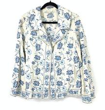 J. Jill Blazer Women's Size Medium Floral Embroidered Linen Jacket Ivory Blue