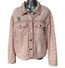 POL  Jean Jacket Pink Silver Studs Distressed Denim Coat Women's Size Small