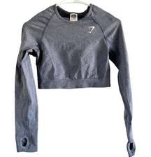 Gymshark  Vital Seamless 2.0 Long Sleeve Crop Top Thumb Holes Smocked Blue Marl M