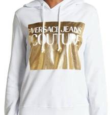 NWT  Jeans Metallic Logo Graphic Pullover Hoodie, White and Gold, Size M