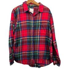 SO  Womens Cozy Flannel Button Shirt Red Plaid Sz XL 100% Cotton Outdoorsy Casual