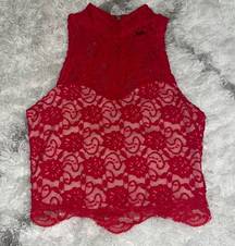 Party top red lace high neck floral lace with zipper back