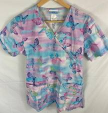 SB Scrubs Butterfly Short Sleeve Spring Summer Colorful Scrub Top Size XS