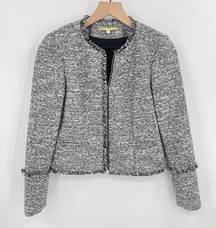 Gianni Bini Blazer Womens 2 Black White Tweed Zip Long Sleeve Career Workwear