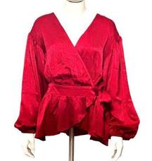 A. Calin by flying tomato Red Silky Wrap-Around Blouse Sz S