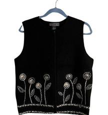 HERMAN GEIST Vest Women Medium Wool Black Floral Embroidered VINTAGE