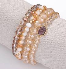 Bracelet Set Peach Tones Beads & Druzy Set of 4 Bracelets NEW Glass Crystal Bead