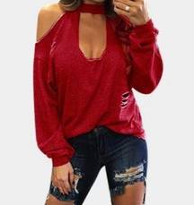 Burgundy Choker Cold Shoulder Sweater