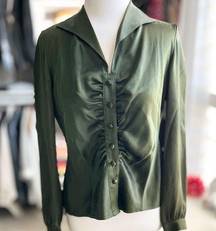 Talbots Dark Olive Green Silk Button Down Shirt Size 4