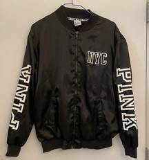 Black NYC satin finish bomber jacket