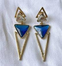 Open Triangle Dangling Drop Stud Earrings w/ Clear & Blue Gems in Textured Gold