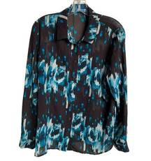 Derek Lam Shirt Womens Large Black Blue Printed Design Nation Button Up