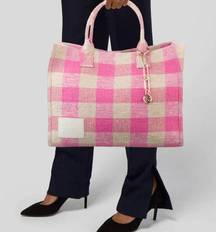 Large Canvas Tote Bag Pink Woven Gingham Check Cotton Fabric Barbiecore