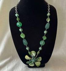 Small Paperclip chain with Green Gems and a Beaded Flower Pendant- Women’s