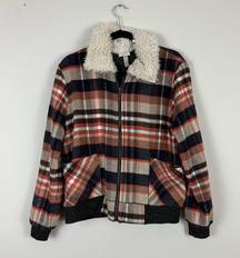 Knox Rose | Plaid Sherpa Collar Zip Front Bomber Jacket Size Medium