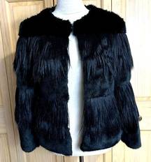 Lumiere Black Contrasting Faux Fur & Feather Hip Length Jacket Coat Sz S