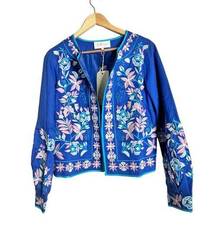 LA BELLUM BY HILLARY SCOTT BLUE & MULTI FLORAL EMBROIDERED JACKET SIZE L - NWT