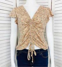 Love, Fire Floral Flutter Cap Sleeve Adjustable Length Knit Shirt Peach Large