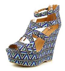 So cute, blue a tec print wedges, 5 inch heel, back zipper, excellent condition, size 8 1/2