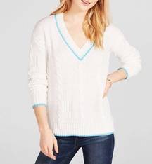 Prince & Fox Knit V-Neck Sweater, White Blue Trim Size S, New w/Tag Retail $65