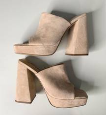 38 US 8 Margo Suede Mules Sand Square Platform Chunky Open Toe