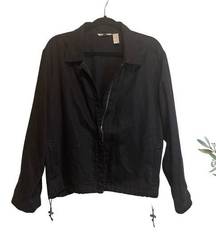 J. Jill Black Collared Zip Up Draw String Waist Bomber Jacket Size Large