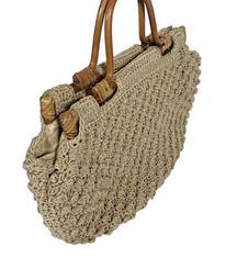 Vintage Crochet Wood Handle Handbag Tan Bauble Bubbles Lined Retro Neutral Beige