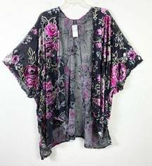 Dressbarn Black & Pink Floral Velvet & Metallic Kimono Cardigan One Size