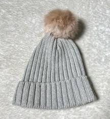 H&M  Light Gray Knit Faux Fur Pom Pom Beanie