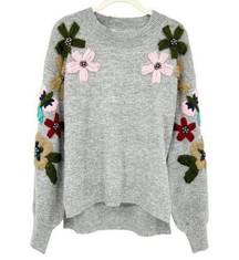 Fleur De Lis Womens Wool Blend Boho Embroidered Floral Pullover Sweater Size L
