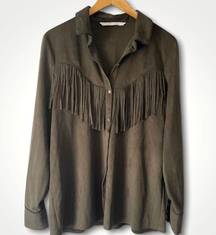 ZARA Olive Green Faux Suede Western Fringe Button Down Shirt/Shacket