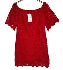 Yoins Size 14 Red Eyelet Sheath Dress Short Sleeves Lined Off Shoulder