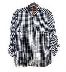 TORY BURCH NAVY & WHITE GINGHAM TUNIC SHIRT SIZE 6 GATHERED CUFFS WITH POCKETS