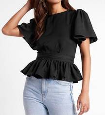 Express Flutter Sleeve Tie Waist Ruffle Peplum Top Black Women's Blouse Size S