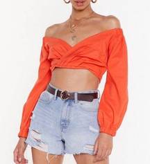 Nasty Gal NWT  Coral Linen Long Sleeve Cropped Blouse 8