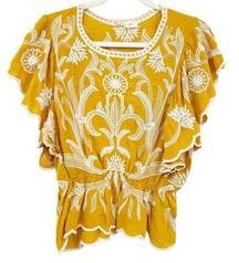 Solitaire Womens Boho Floral Embroidered Peasant Blouse Top Size L Yellow