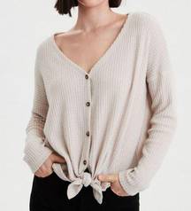 American Eagle  Plush Ivory Button Down Waffle Knit thermal Long Sleeve Top S