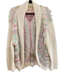 Cream Multi Pastel Color Hand Loopy Love Knit Open Front Cardigan Large