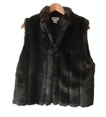 Investments Faux Fur Vest Large Brown Black Sleeveless Jacket Zip Up Vintage