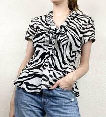 Sunny Leigh y2k Zebra Print Tie Neck Peplum Blouse