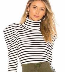 ALC Ribbed Baker Striped Turtleneck Puff Sleeved Knit Sz Large White Black