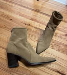 ZARA Tan Ankle Booties Suede Western Boho Chunky Block Pointed Heeled