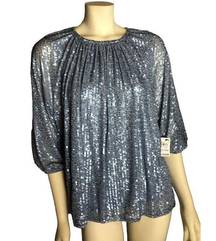 Alfani NWT  Womens Sequined Ruched Neck top blue peasant blouse size XL