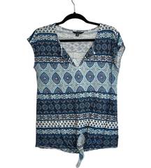 Lucky Brand Teal & Blue Boho Print Tie Front Cap Sleeve Top