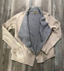 Raw Hem Cardigan Sweater with pockets, size Medium, pit to pit is 19, front length side is 31, back length is 22