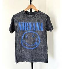 Nirvana Distressed Gray Band T Shirt Blue Smiley