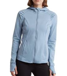 YOGALICIOUS Womens L Slim Fit Hooded Zip Jacket in Faded Denim Light Blue NEW