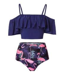 High Waist Bikini Set Navy Blue Flamingo Off Shoulder Ruffle NWT Size XL #S-524